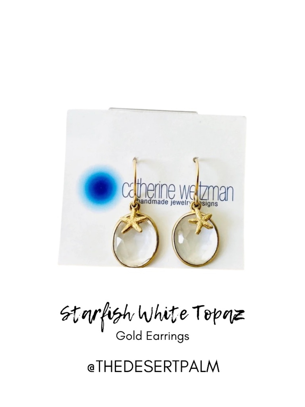 18K Gold Vermeil White Topaz Starfish Drop Earrings Handmade Hawaii